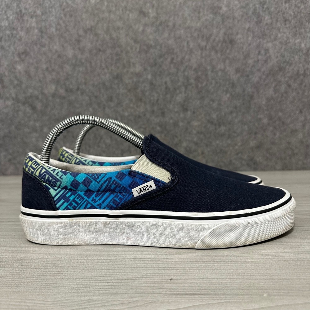 Vans Classic Slip-On Navy Blue Canvas Logo Print Men's Size 8